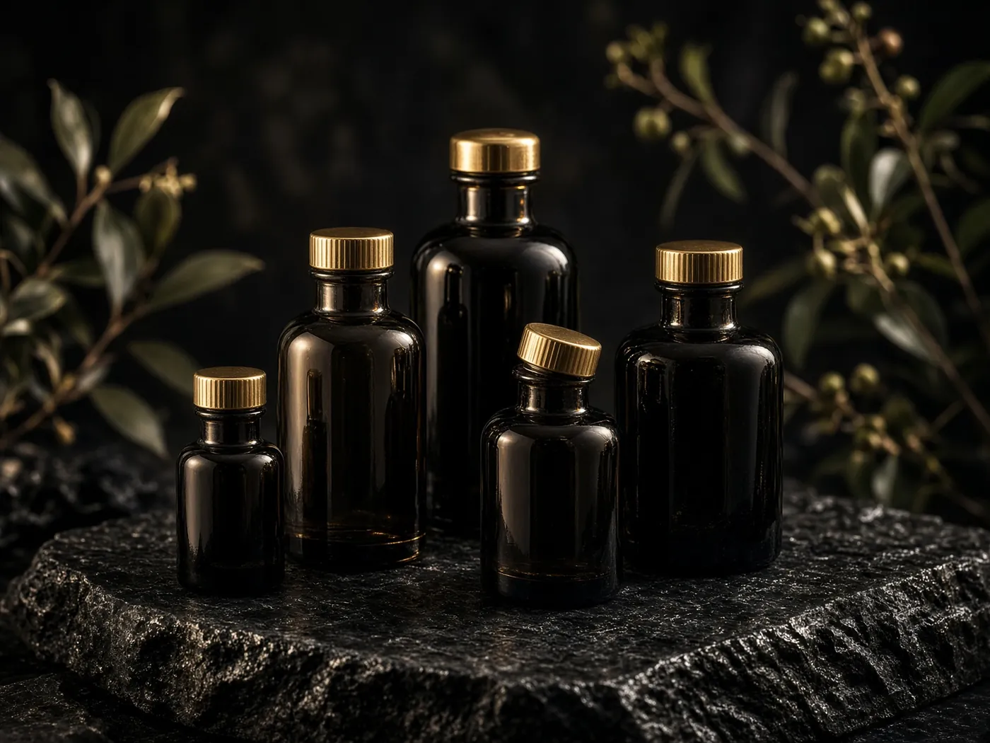 Dark glass apothecary bottles with gold caps