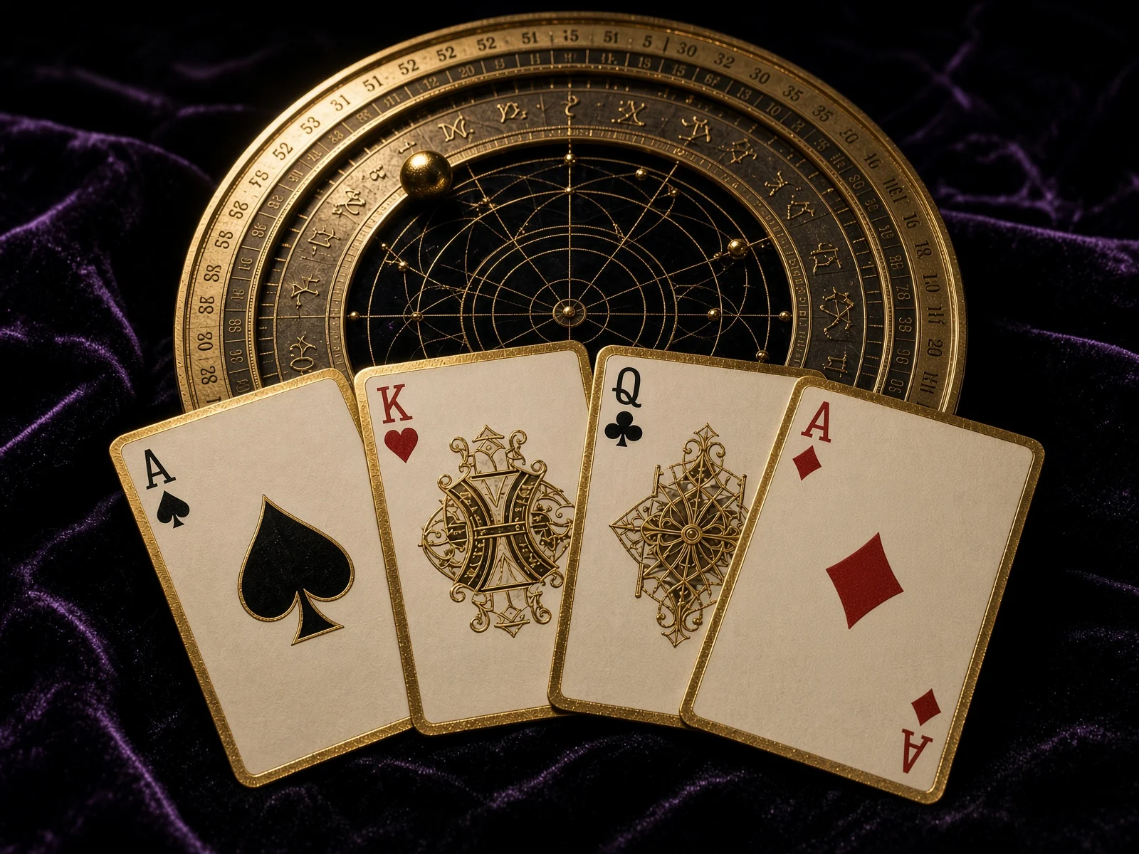 Traditional playing cards with a gold calendar wheel marking a fifty-two week cycle