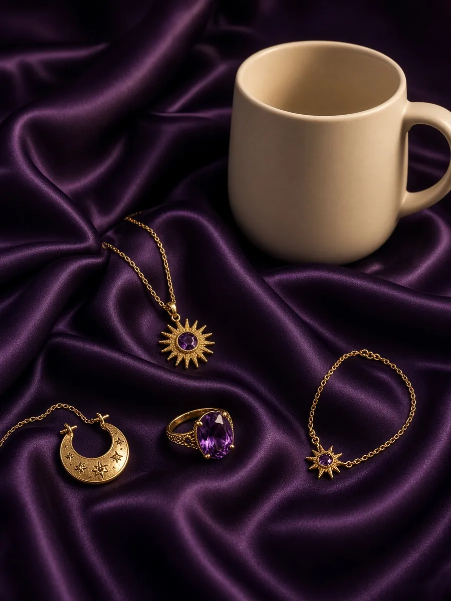 Purple silk, gold jewelry and ivory mug in a fashion-editorial still life