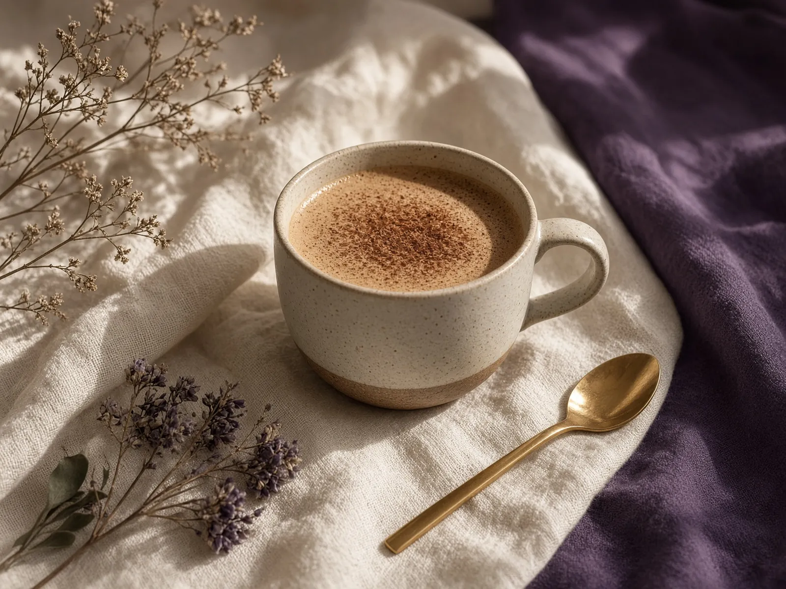 Ceramic cup of mocha on ivory linen with botanicals