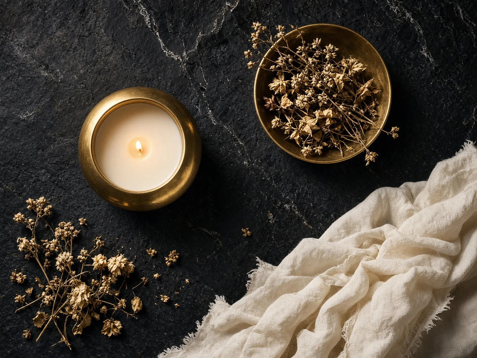 Overhead ritual tableau with gold candle, brass vessel and botanicals