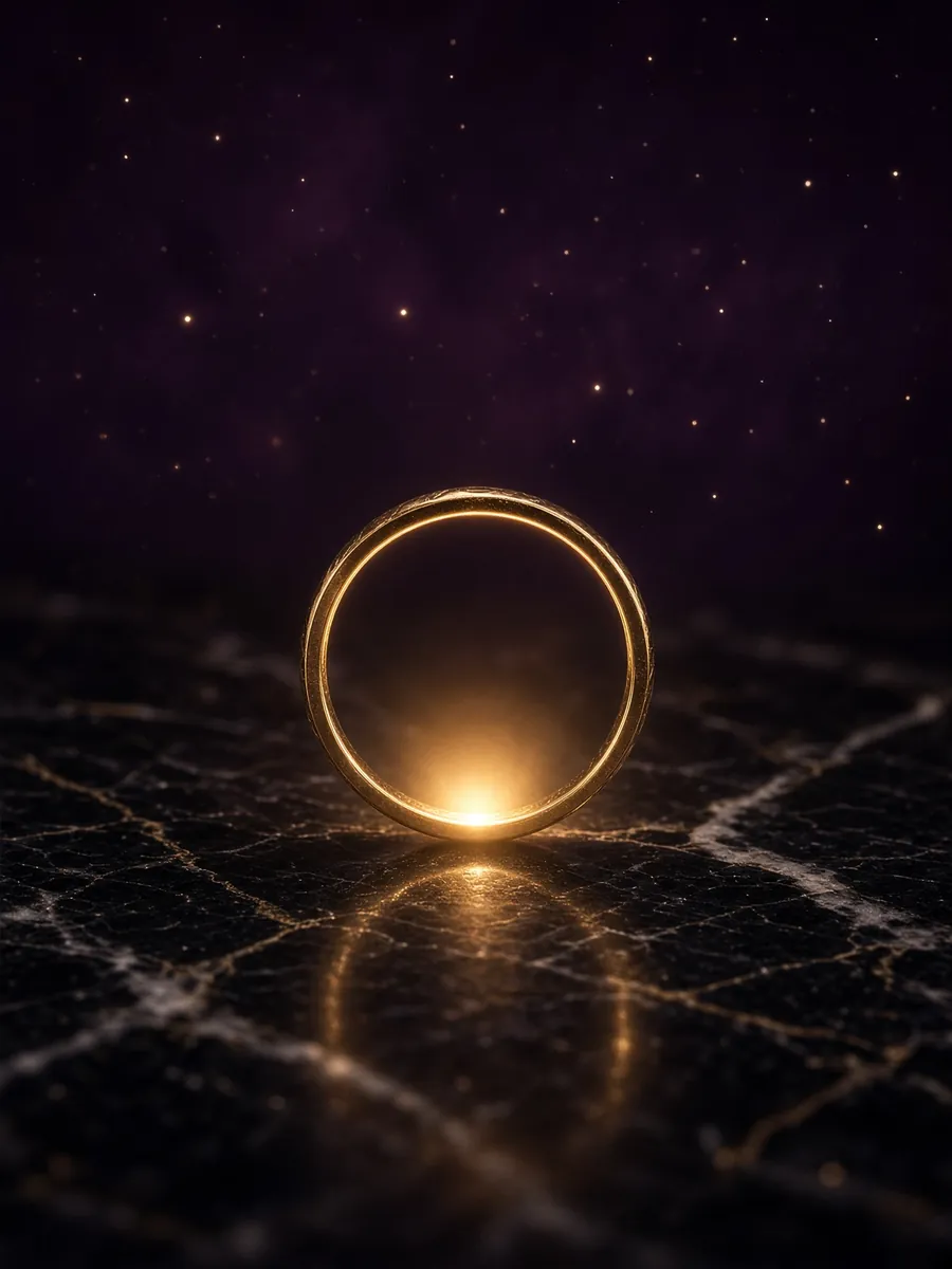 A champagne-gold ring standing in dark light, suggesting a solar year